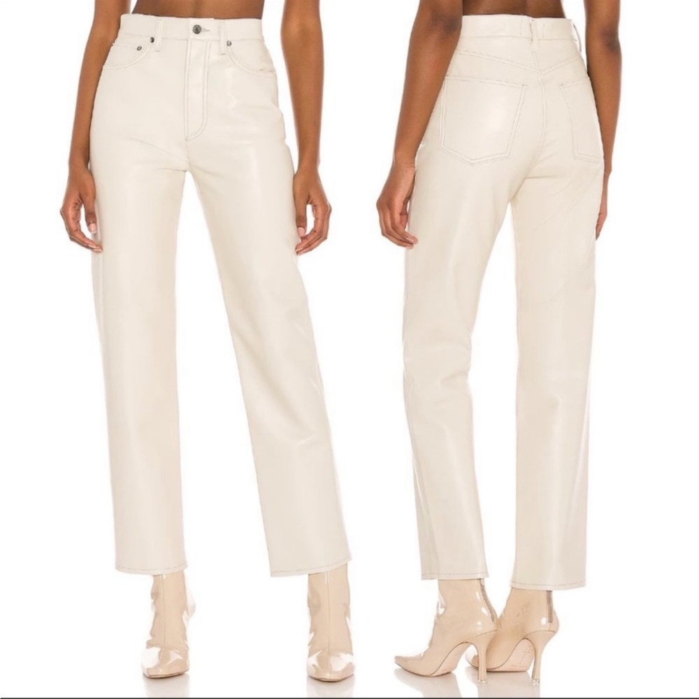 Agolde Straight Leg Leather-Look Pants in Ivory